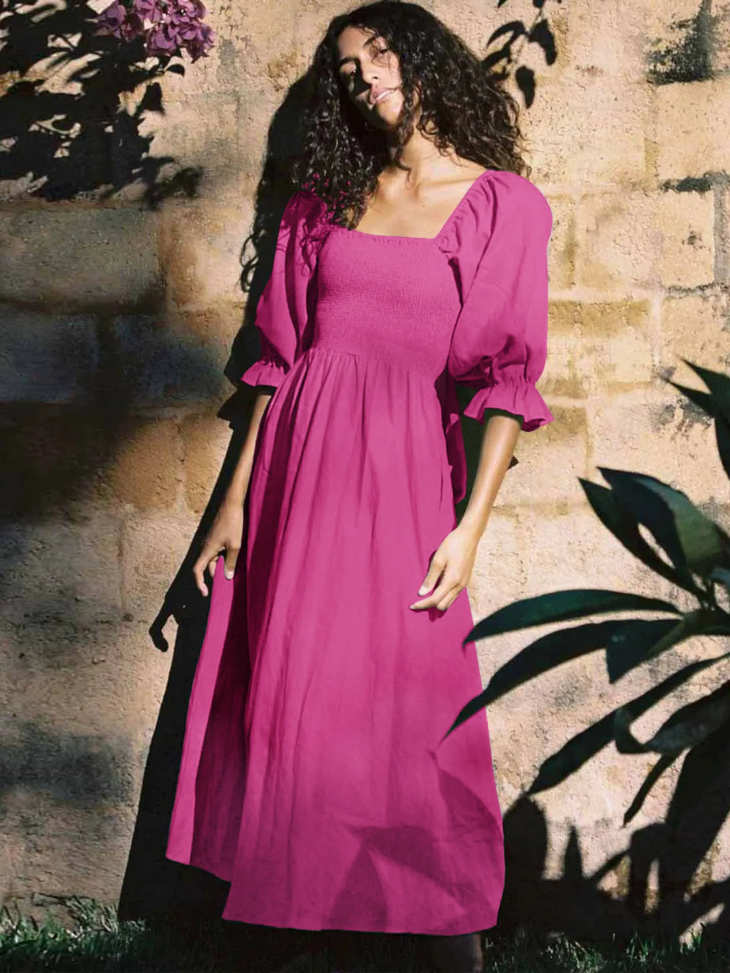Fashion Solid Color French Dress Elegant Square Collar Trumpet Sleeve A- Line Skirt Strap Front And Back Wear Mid-length Skirt display picture 17