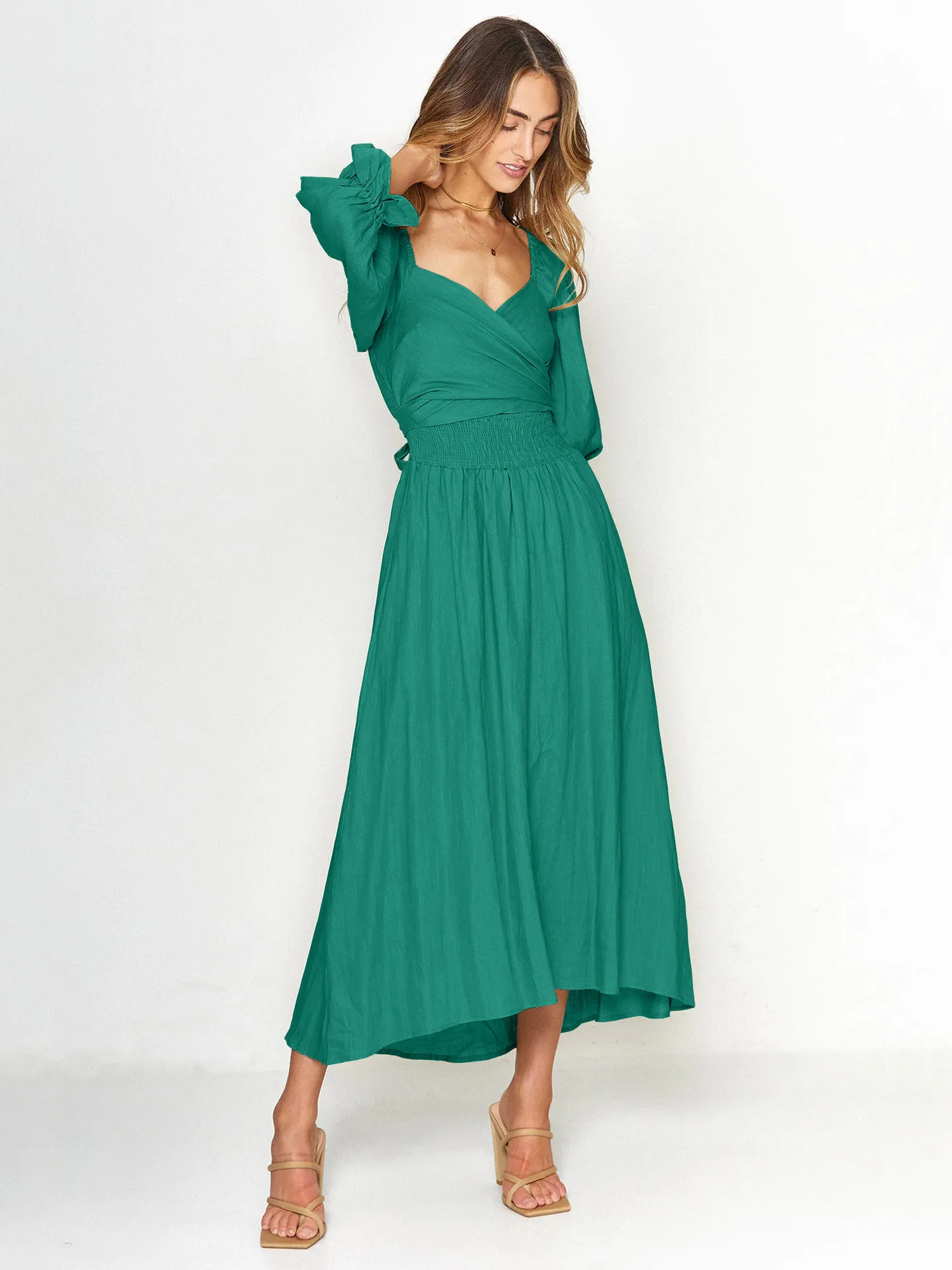 Fashion Solid Color French Dress Elegant Square Collar Trumpet Sleeve A- Line Skirt Strap Front And Back Wear Mid-length Skirt display picture 18