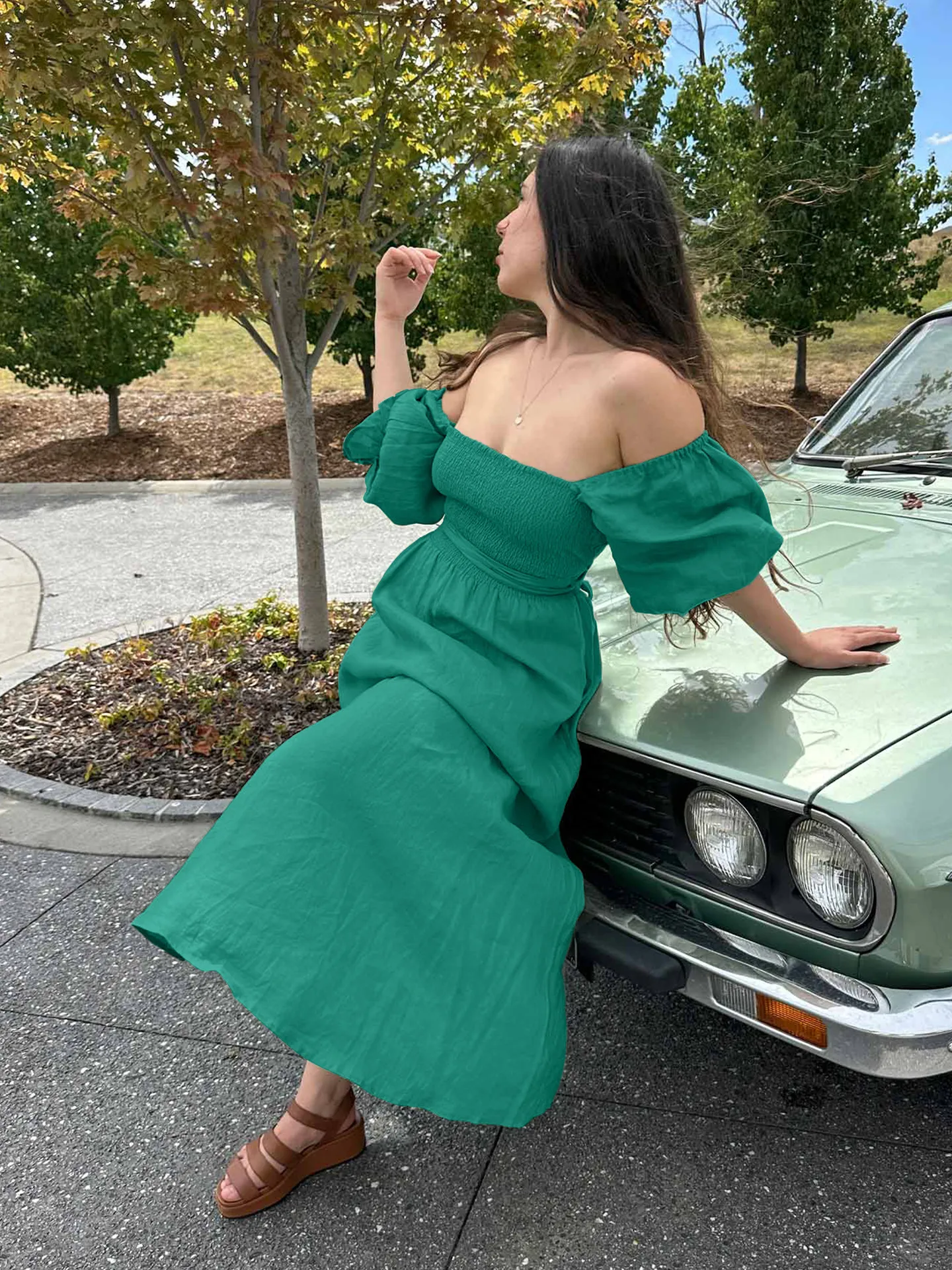 Fashion Solid Color French Dress Elegant Square Collar Trumpet Sleeve A- Line Skirt Strap Front And Back Wear Mid-length Skirt display picture 19