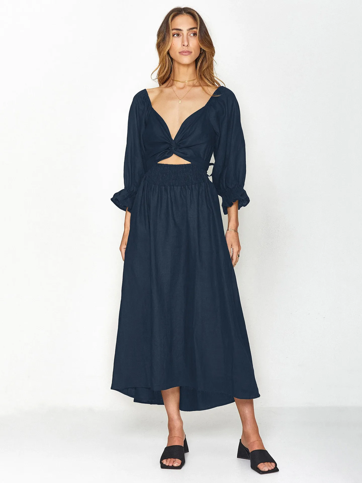 Fashion Solid Color French Dress Elegant Square Collar Trumpet Sleeve A- Line Skirt Strap Front And Back Wear Mid-length Skirt display picture 21