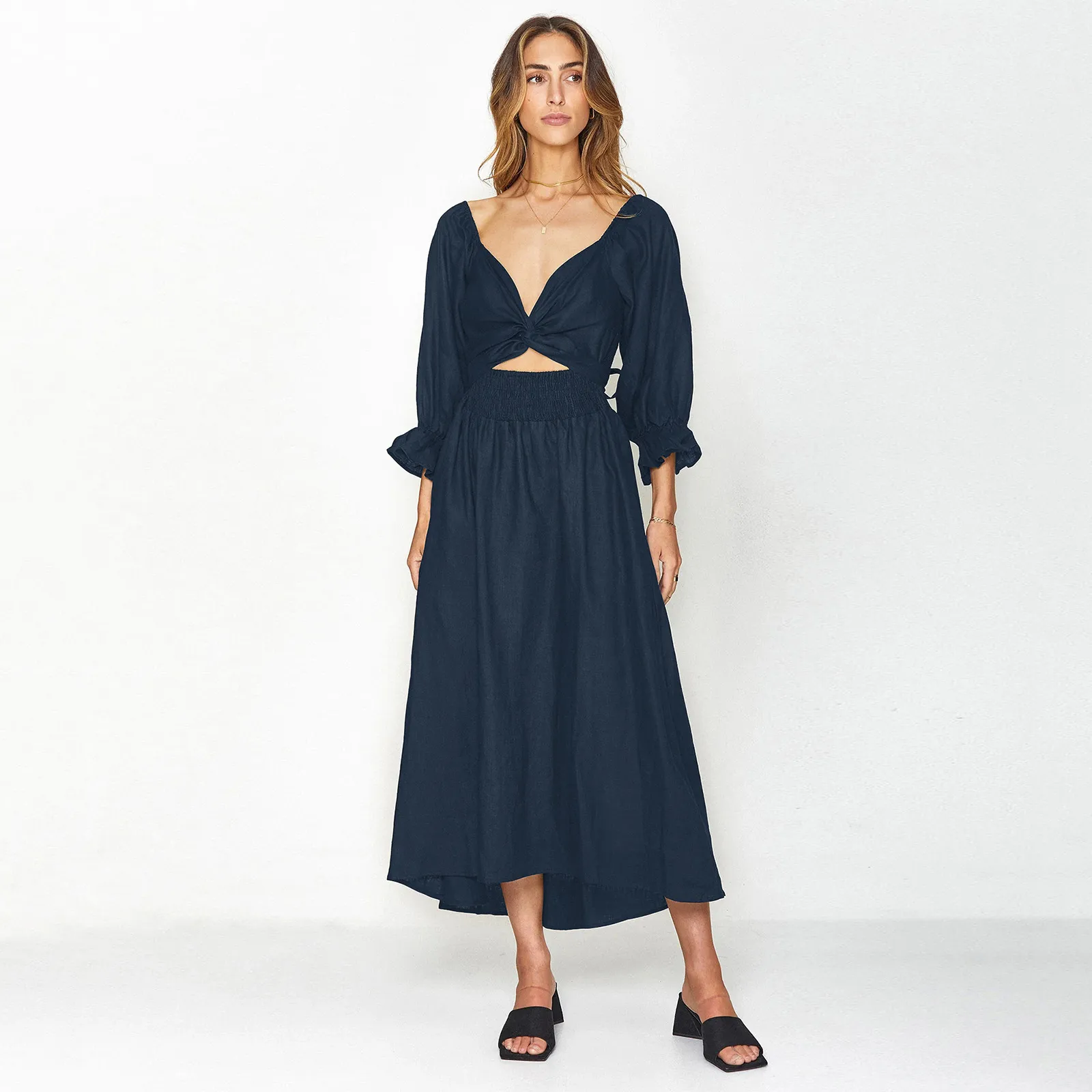 Fashion Solid Color French Dress Elegant Square Collar Trumpet Sleeve A- Line Skirt Strap Front And Back Wear Mid-length Skirt display picture 22