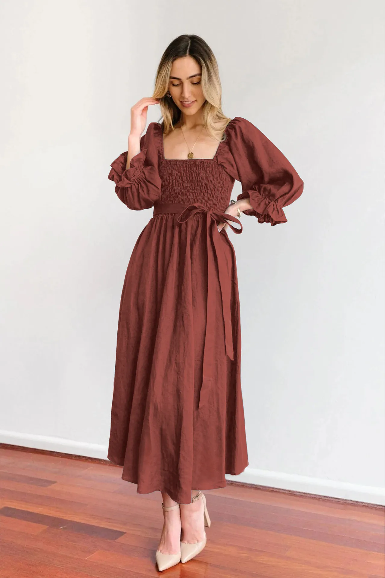 Fashion Solid Color French Dress Elegant Square Collar Trumpet Sleeve A- Line Skirt Strap Front And Back Wear Mid-length Skirt display picture 24