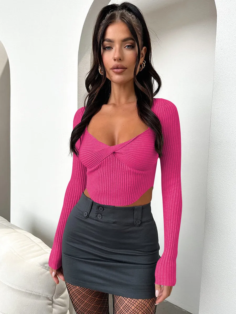 Designed Autumn New Hot Girl T-shirt Sweater Thread Bm Top Hot Girl Sexy V-neck Long-sleeved Shirt Y2g Inner Wear display picture 3