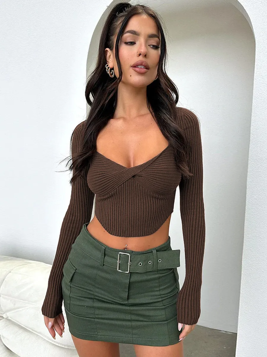 Designed Autumn New Hot Girl T-shirt Sweater Thread Bm Top Hot Girl Sexy V-neck Long-sleeved Shirt Y2g Inner Wear display picture 7
