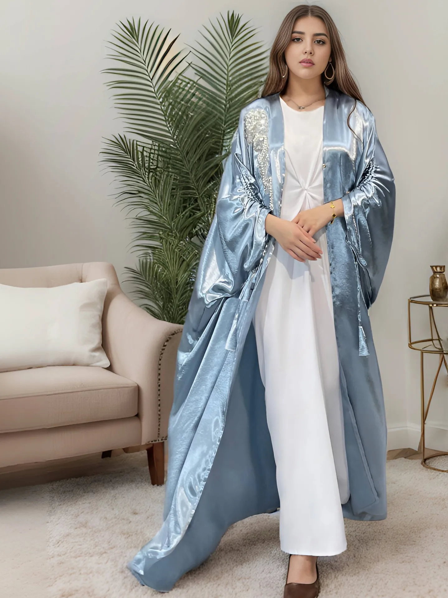 Trade Elegant Simple Middle East Turkey Solid Color Plus Size Satin Robe Abaya display picture 2