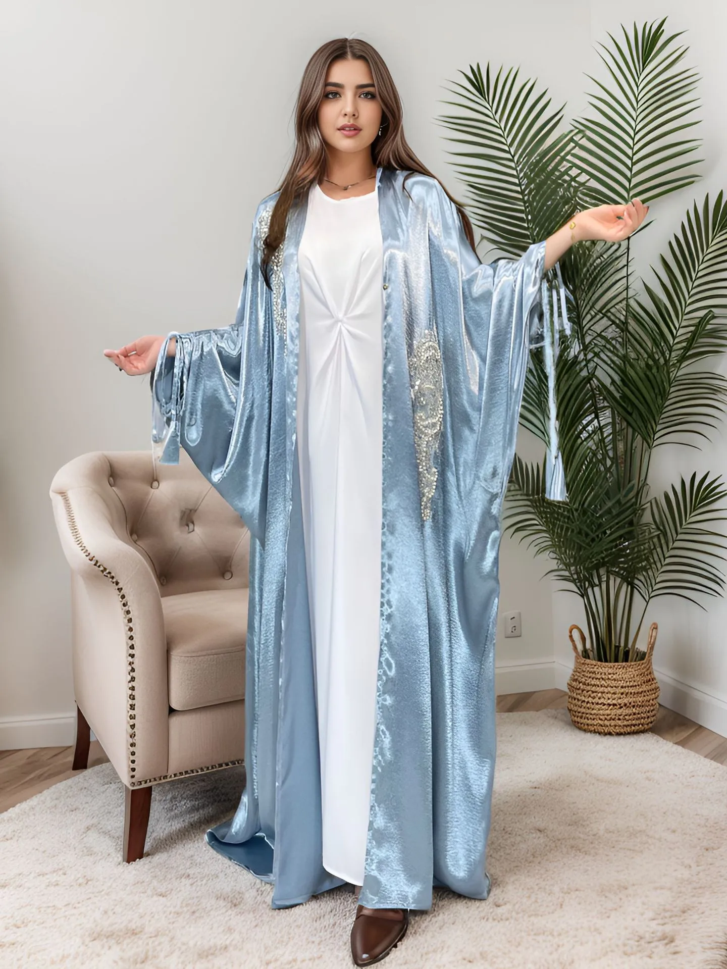 Trade Elegant Simple Middle East Turkey Solid Color Plus Size Satin Robe Abaya display picture 4