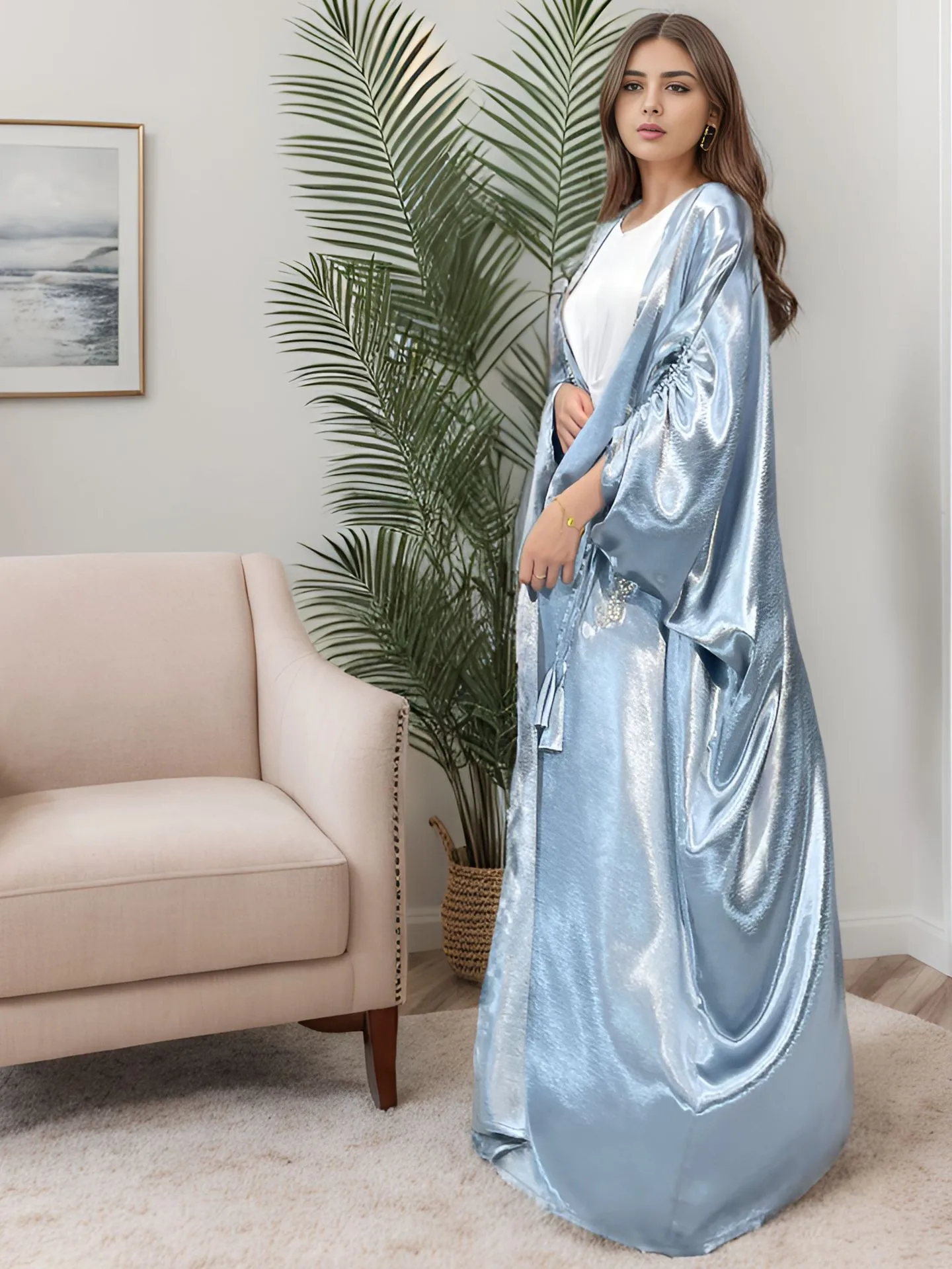 Trade Elegant Simple Middle East Turkey Solid Color Plus Size Satin Robe Abaya display picture 5
