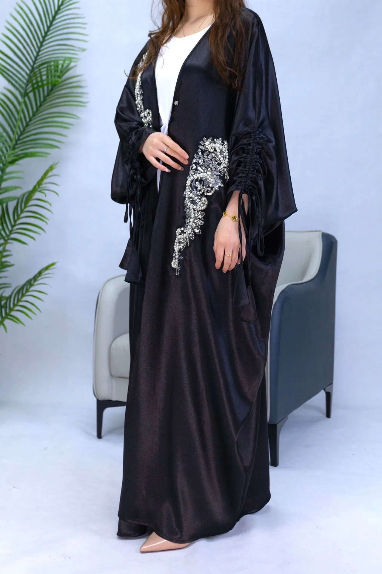 Trade Elegant Simple Middle East Turkey Solid Color Plus Size Satin Robe Abaya display picture 7