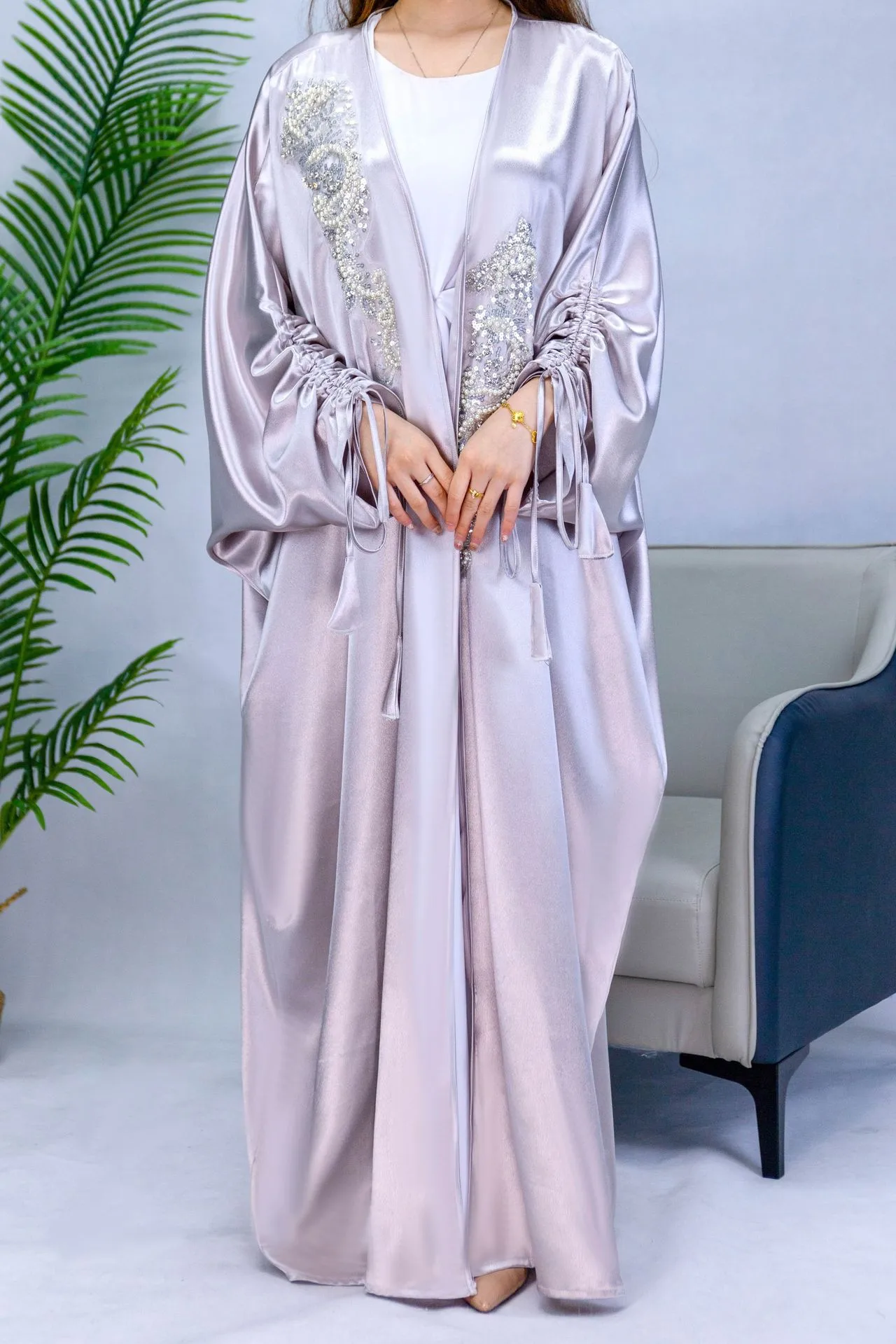 Trade Elegant Simple Middle East Turkey Solid Color Plus Size Satin Robe Abaya display picture 8