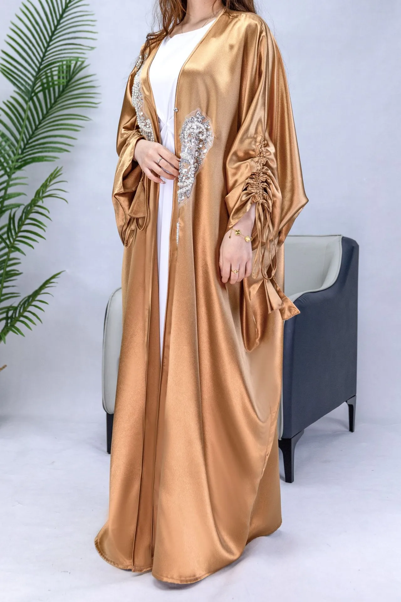 Trade Elegant Simple Middle East Turkey Solid Color Plus Size Satin Robe Abaya display picture 9