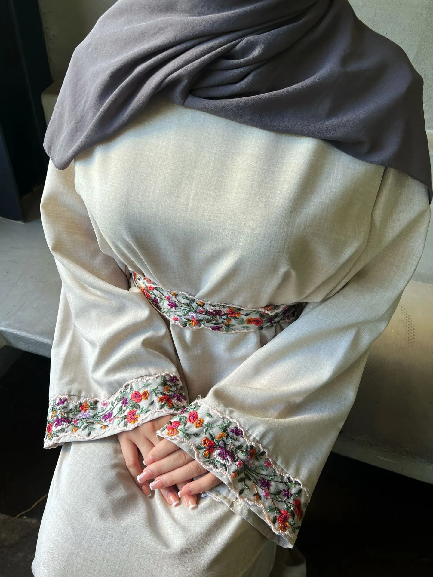 Shrimp Skin  Muslim Clothing Linen Embroidered Abaya Dress Robe Long Dress display picture 4