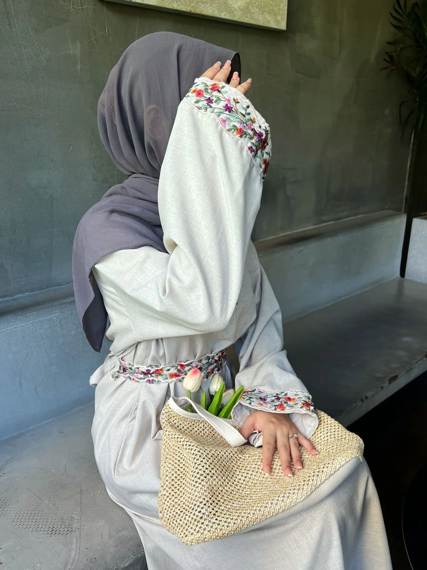 Shrimp Skin  Muslim Clothing Linen Embroidered Abaya Dress Robe Long Dress display picture 5