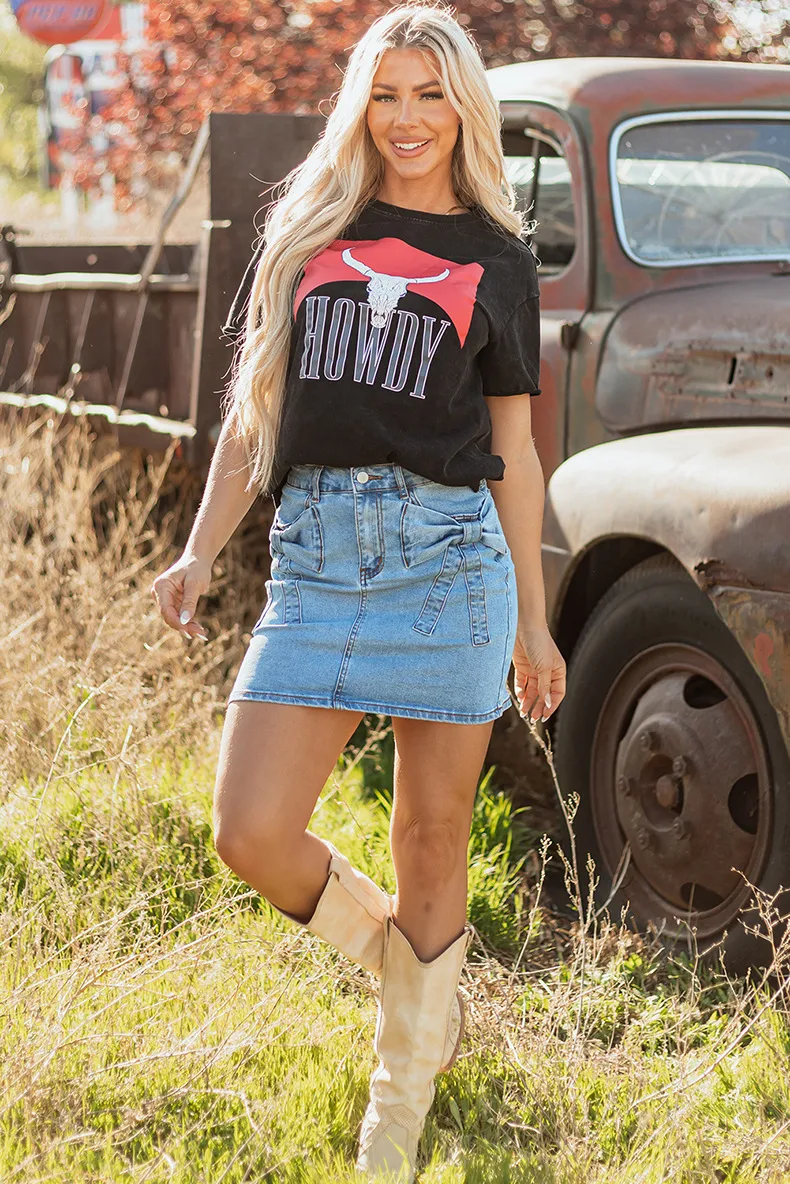 Summer New Pure Color High Waist Denim Mini Skirt Women's Personality Trendy Cotton Polyester A-Line Skirt With Butterfly Knot display picture 2
