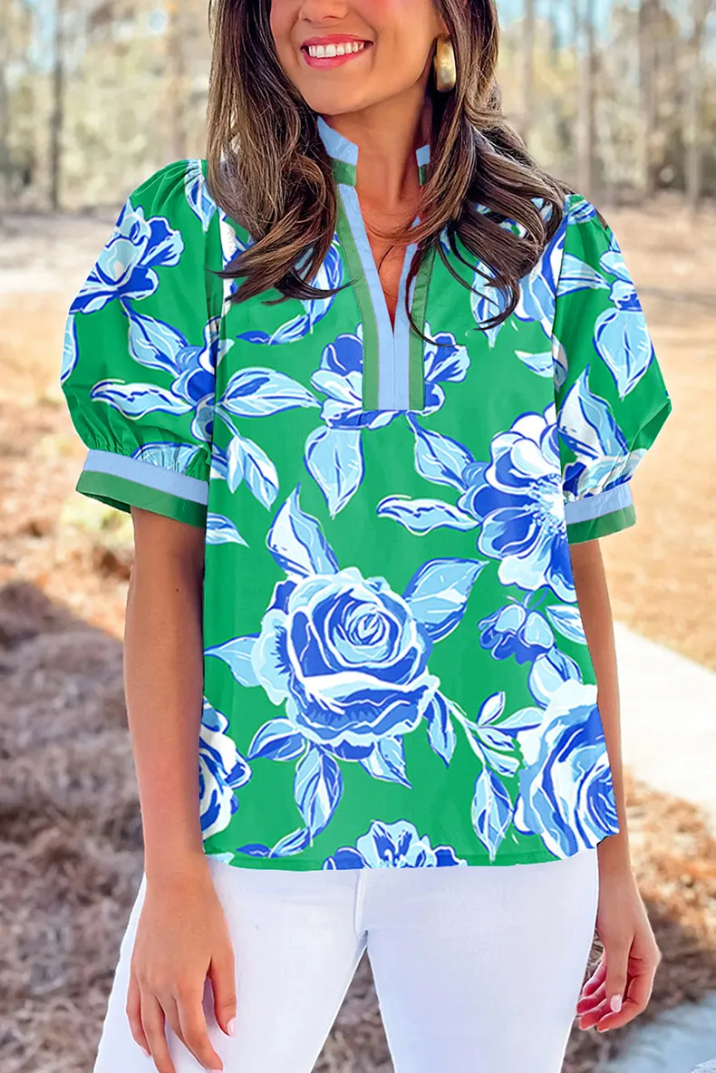 Summer New Style Women's Loose Printed Short Sleeve Chiffon Top Casual Versatile Floral Pattern Three-quarter Length Tunic Top display picture 1