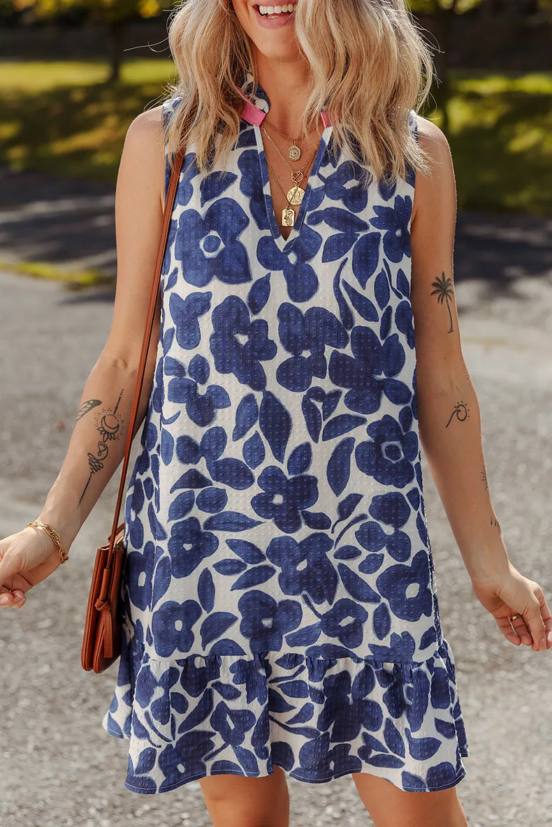 Summer 2025 Floral Print V-neck Women's Dress Fashion Loose Knee-length Short Skirt Casual Style High Waist One-step Dress display picture 1