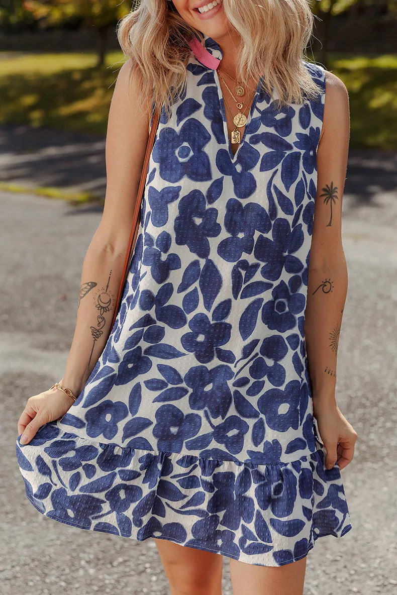 Summer 2025 Floral Print V-neck Women's Dress Fashion Loose Knee-length Short Skirt Casual Style High Waist One-step Dress display picture 2