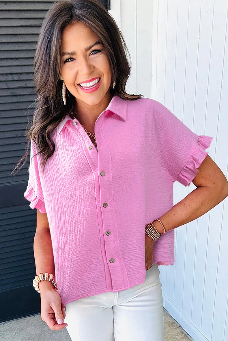 Summer New Pure Color Shirt Women's Casual Style Multi-Button Turn-down Collar Pleated Sleeve Short Sleeve Loose Fit Top display picture 2