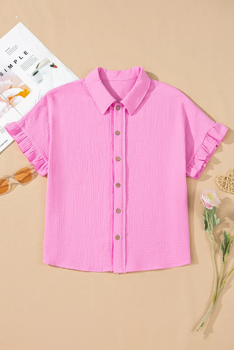 Summer New Pure Color Shirt Women's Casual Style Multi-Button Turn-down Collar Pleated Sleeve Short Sleeve Loose Fit Top display picture 4
