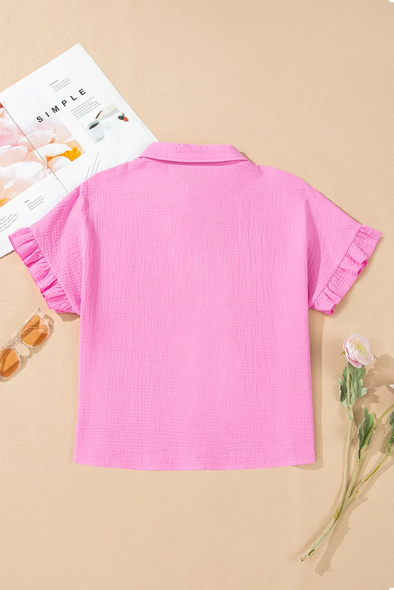 Summer New Pure Color Shirt Women's Casual Style Multi-Button Turn-down Collar Pleated Sleeve Short Sleeve Loose Fit Top display picture 5
