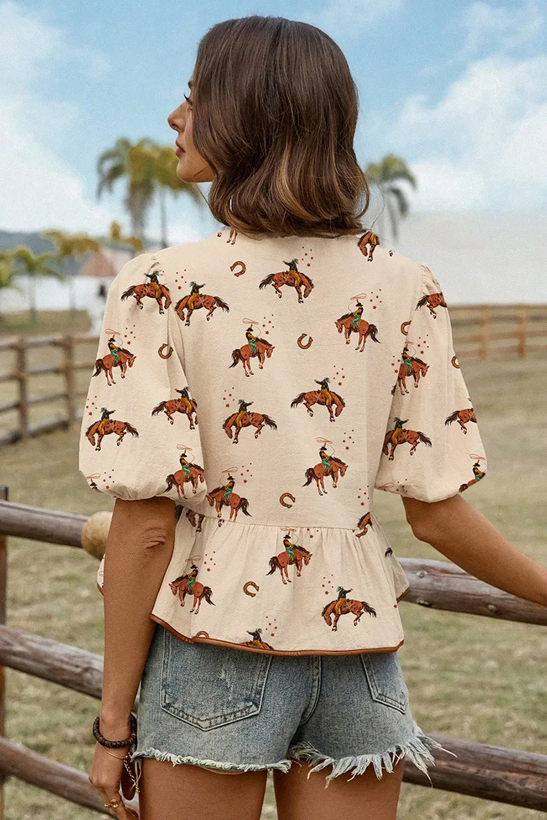 Summer 2025 Women's Short Sleeve T-shirt Butterfly Knot Round Neck Print Casual Style Cotton Bubble Sleeve Loose Fit Top display picture 2