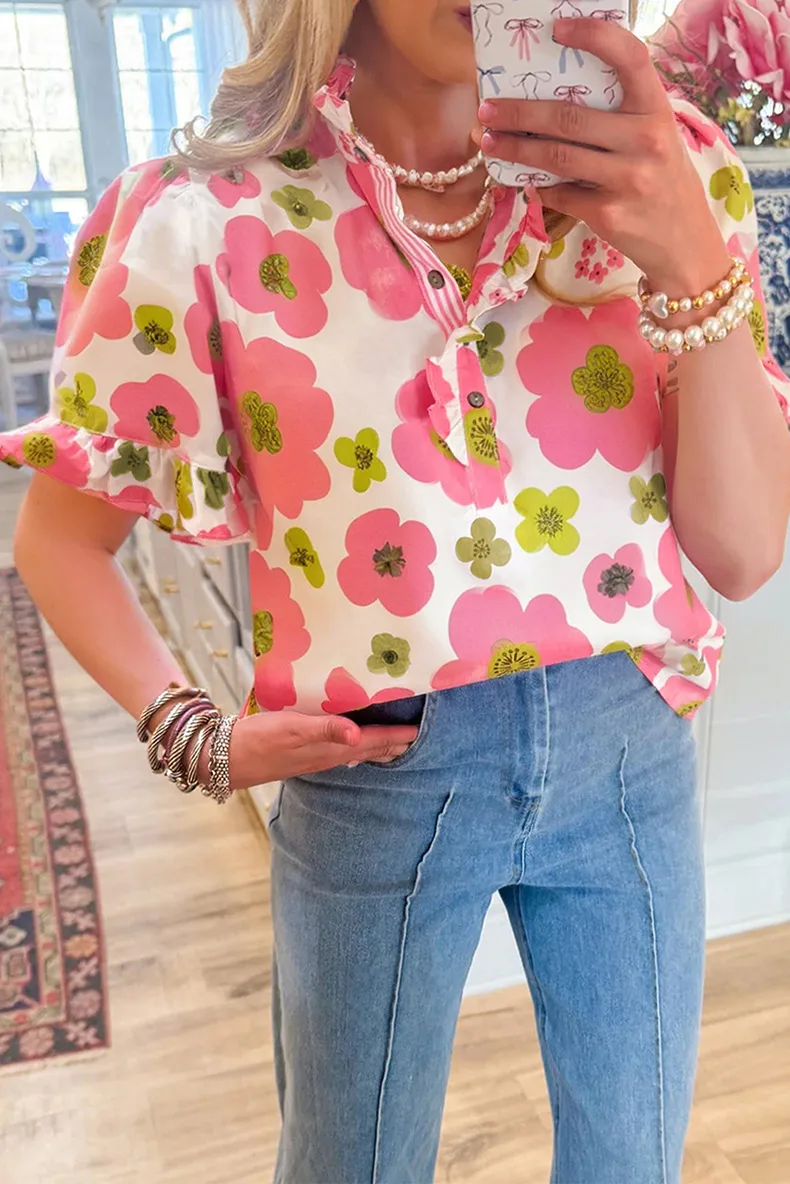Summer New Style Women's V-neck T-shirt Floral Print Short Sleeve Striped Pattern Button Front Sweet Fresh Loose Fit Top display picture 1