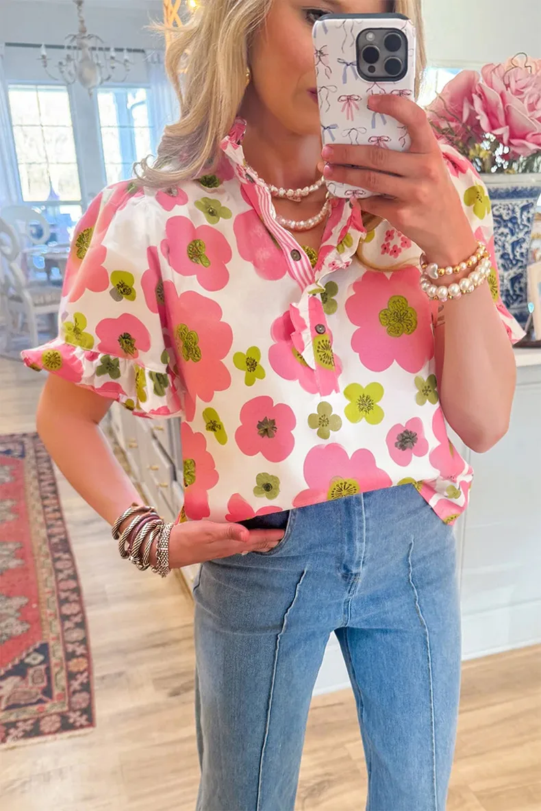 Summer New Style Women's V-neck T-shirt Floral Print Short Sleeve Striped Pattern Button Front Sweet Fresh Loose Fit Top display picture 2