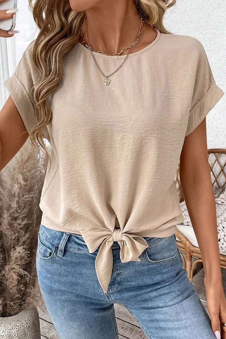 Fashionable Pure Color Short Sleeve T-Shirt Women's Knot Neck Design Casual Style Round Neck Loose Fit Summer New Arrival display picture 1