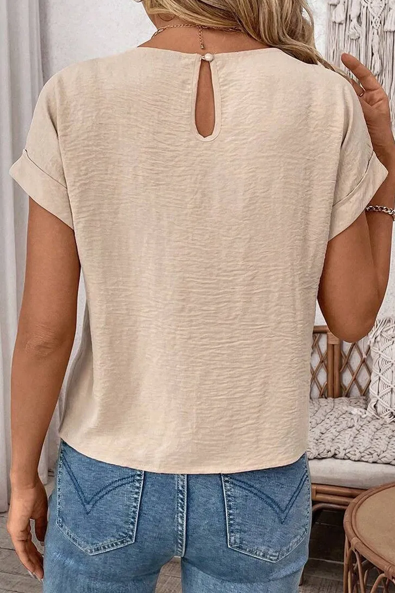 Fashionable Pure Color Short Sleeve T-Shirt Women's Knot Neck Design Casual Style Round Neck Loose Fit Summer New Arrival display picture 4