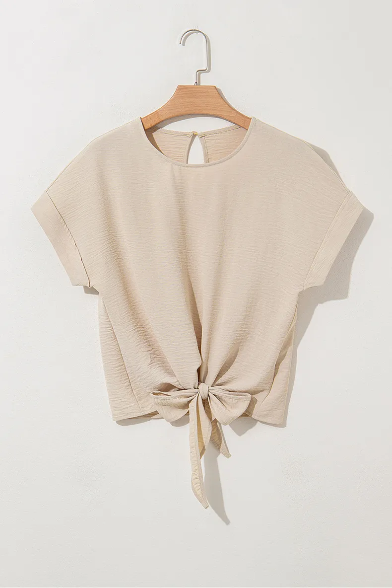 Fashionable Pure Color Short Sleeve T-Shirt Women's Knot Neck Design Casual Style Round Neck Loose Fit Summer New Arrival display picture 5