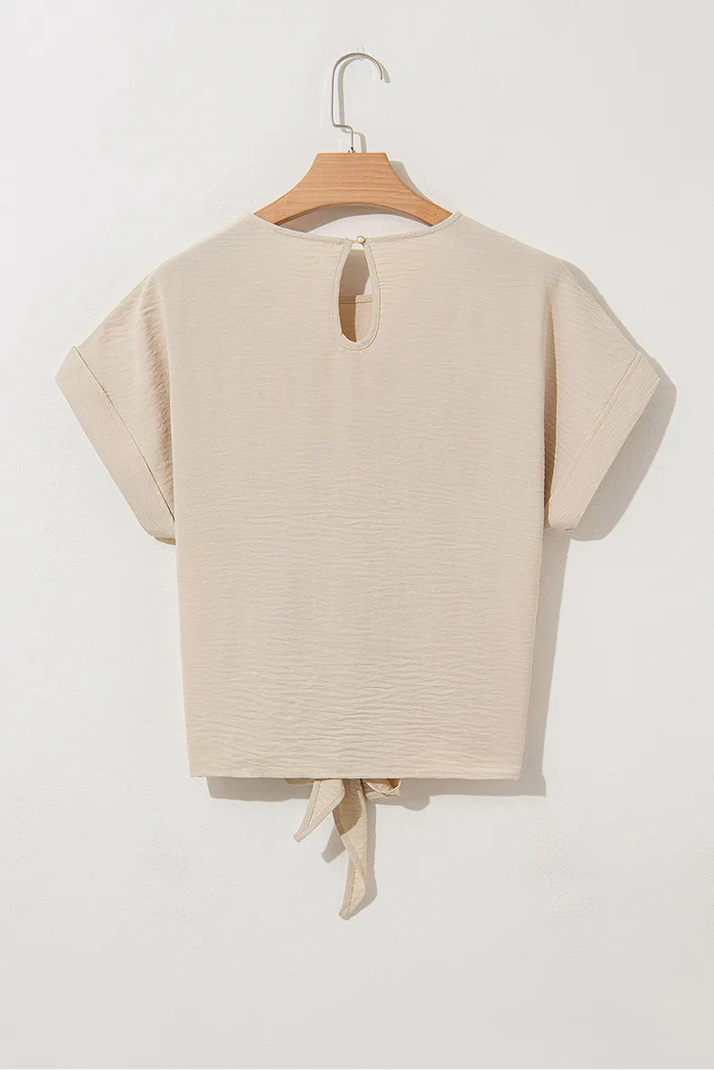 Fashionable Pure Color Short Sleeve T-Shirt Women's Knot Neck Design Casual Style Round Neck Loose Fit Summer New Arrival display picture 6
