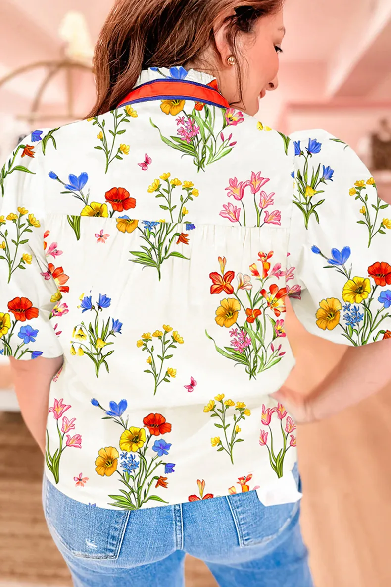 Summer 2025 Women's V-neck Bubble Sleeve Pullover T-shirt Floral Print Casual Loose Fit Short Sleeve Fashion Top display picture 3