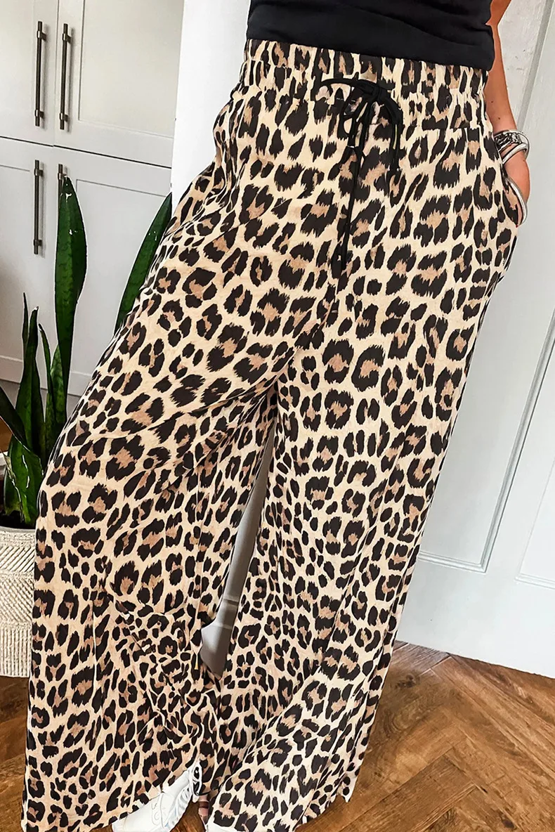 High Waist Drawstring Casual Pants Women's Wide Leg Leopard Print Trendy  Style Summer New Arrival display picture 1