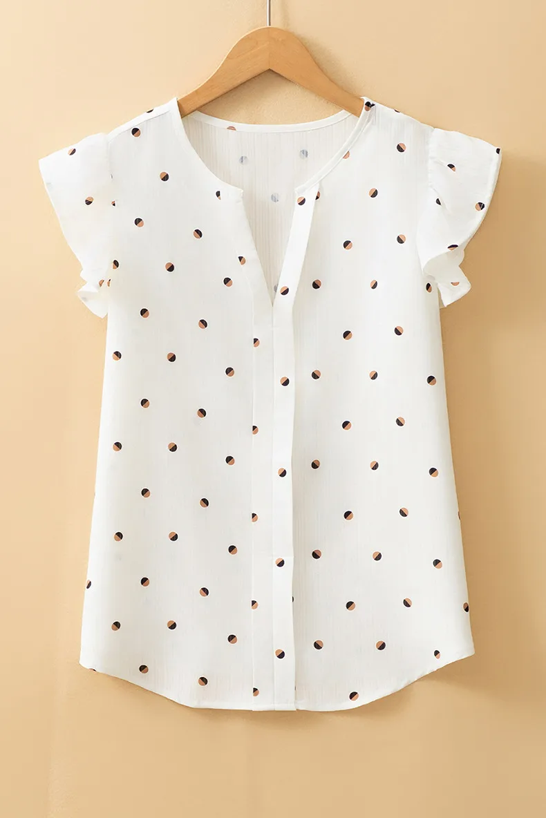 Summer Polka Dot Print Short Sleeve T-Shirt Women Loose V-Neck Flounce Hem Overhead Top Casual Style New Fashion display picture 5