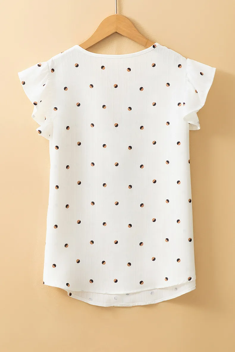 Summer Polka Dot Print Short Sleeve T-Shirt Women Loose V-Neck Flounce Hem Overhead Top Casual Style New Fashion display picture 6