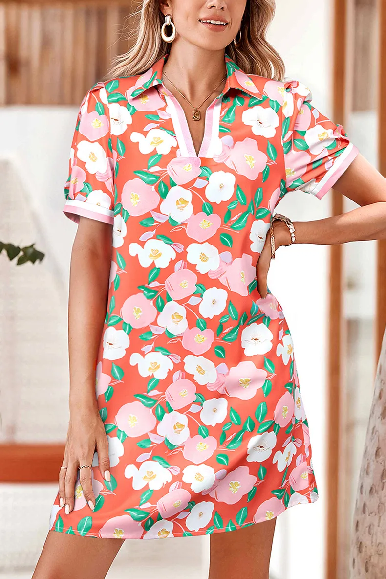 Summer 2025 Floral Print Short Sleeve Women's Dress Loose Fitting Empire Waist Knee Length A-Line Skirt V-Neck Sweet Style display picture 1