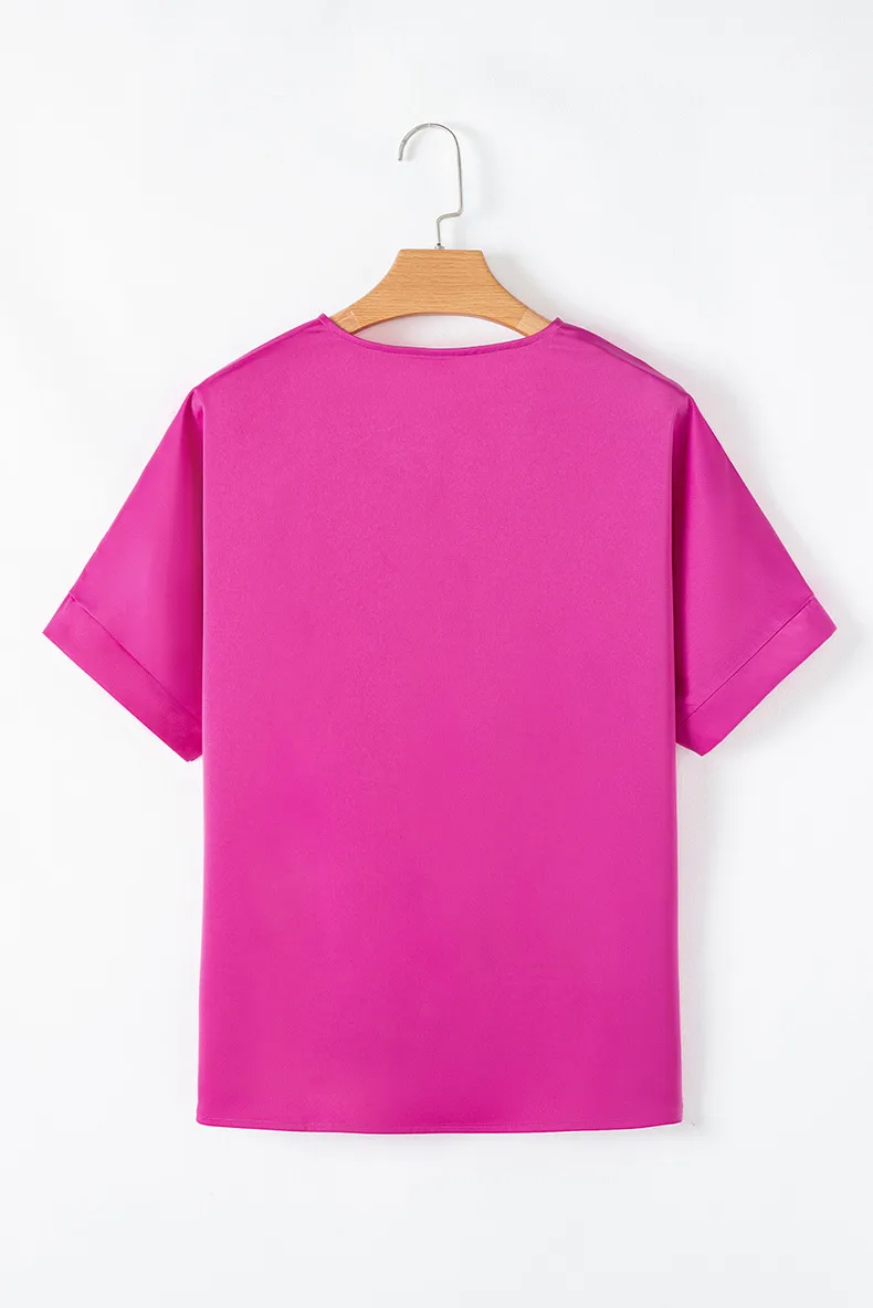 Summer New Loose V-Neck Short Sleeve T-Shirt Women's Commute Simple Match Pure Color Crew Neck Pullover Top Casual Style display picture 5