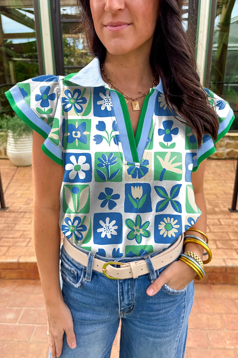 Fashionable Floral Color Block V-Neck Women's Knitted Short Sleeve T-Shirt Summer New Style Lace Trim Casual Loose Fit Top display picture 1