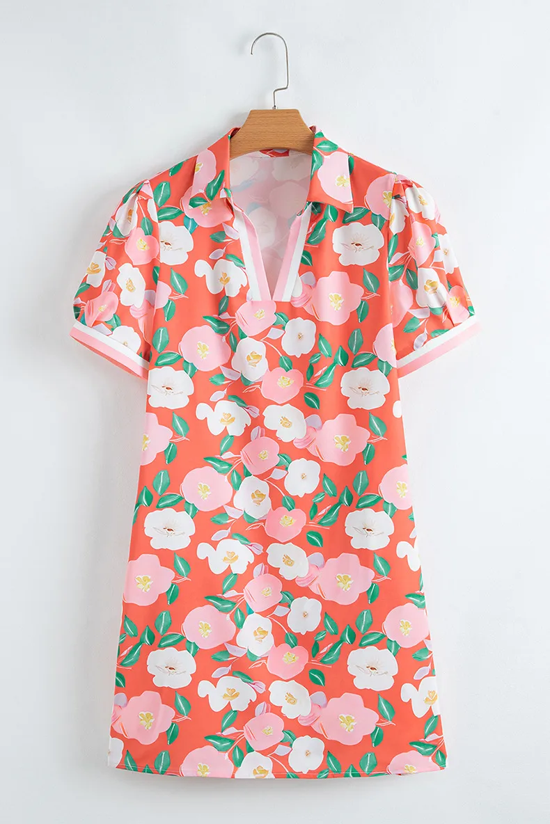 Summer 2025 Floral Print Short Sleeve Women's Dress Loose Fitting Empire Waist Knee Length A-Line Skirt V-Neck Sweet Style display picture 4