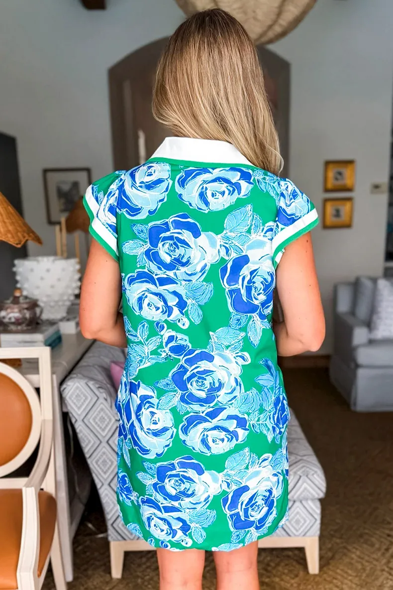 Summer New Floral Print V-neck Women's Dress Straight Leg Short Skirt High Waist Casual Style Color Block Pocket Design display picture 4