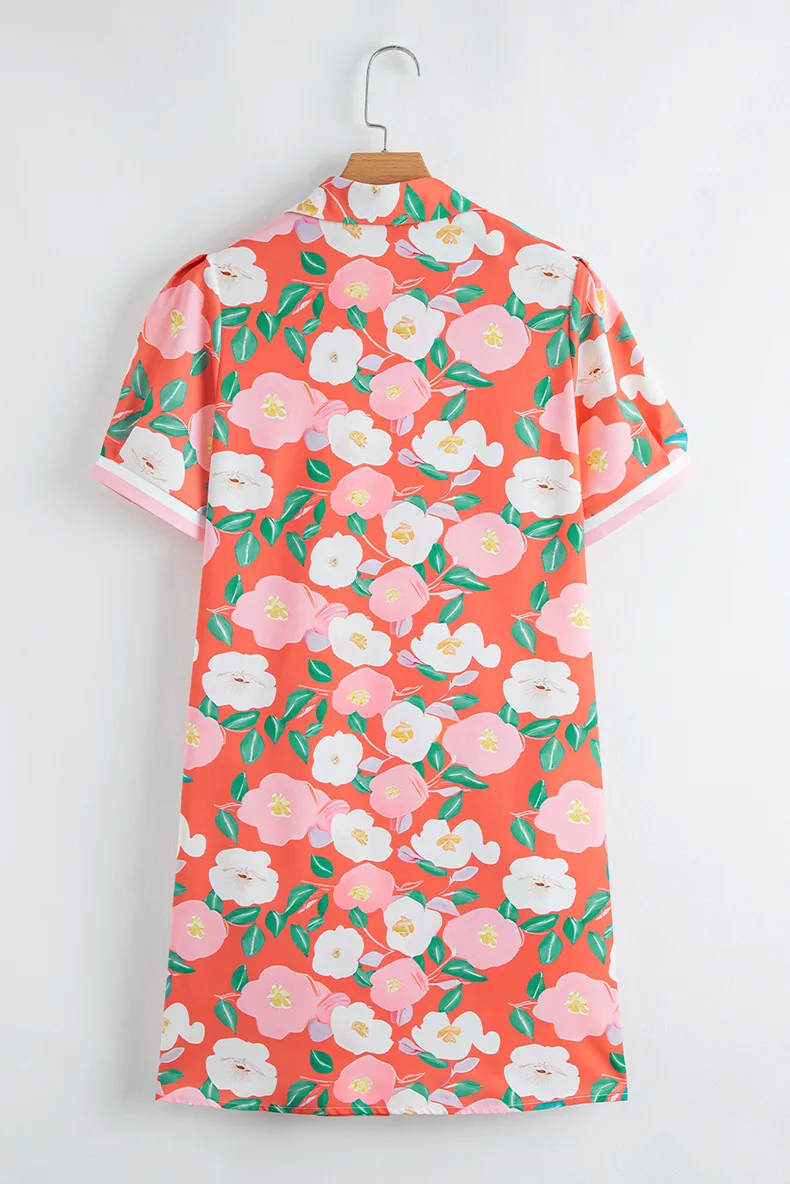 Summer 2025 Floral Print Short Sleeve Women's Dress Loose Fitting Empire Waist Knee Length A-Line Skirt V-Neck Sweet Style display picture 5