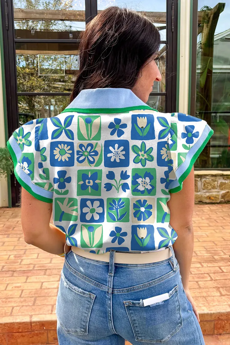 Fashionable Floral Color Block V-Neck Women's Knitted Short Sleeve T-Shirt Summer New Style Lace Trim Casual Loose Fit Top display picture 2