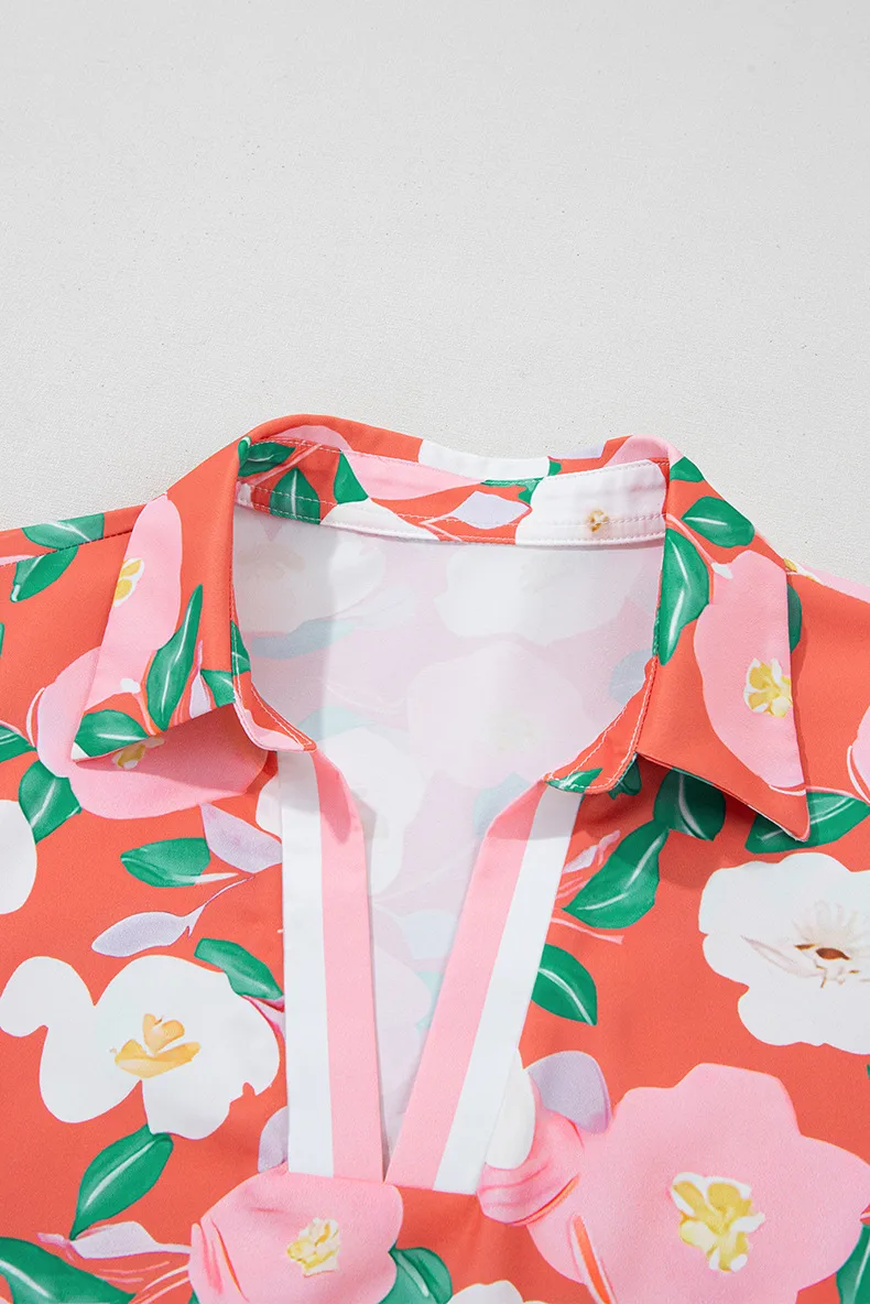 Summer 2025 Floral Print Short Sleeve Women's Dress Loose Fitting Empire Waist Knee Length A-Line Skirt V-Neck Sweet Style display picture 6