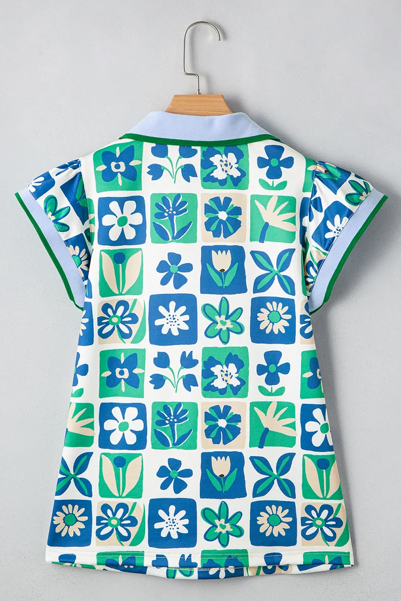 Fashionable Floral Color Block V-Neck Women's Knitted Short Sleeve T-Shirt Summer New Style Lace Trim Casual Loose Fit Top display picture 4