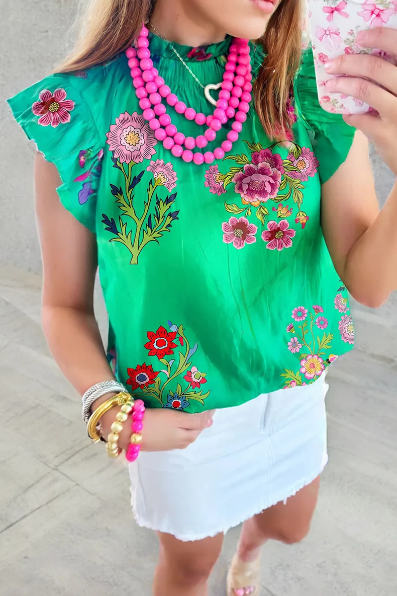 Summer 2025 Women's Loose Casual Floral Print Blouse Ruffle Hem Round Neck Three Quarter Sleeve Tunic Top  Style display picture 1