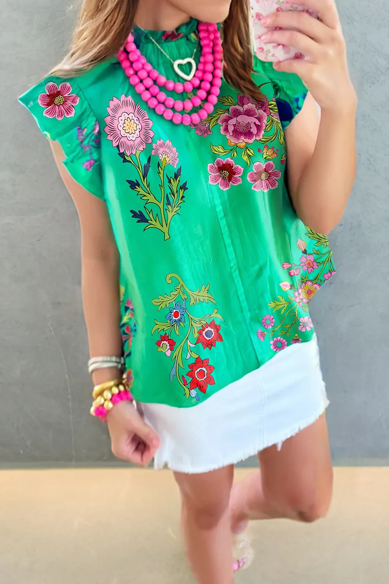 Summer 2025 Women's Loose Casual Floral Print Blouse Ruffle Hem Round Neck Three Quarter Sleeve Tunic Top  Style display picture 2