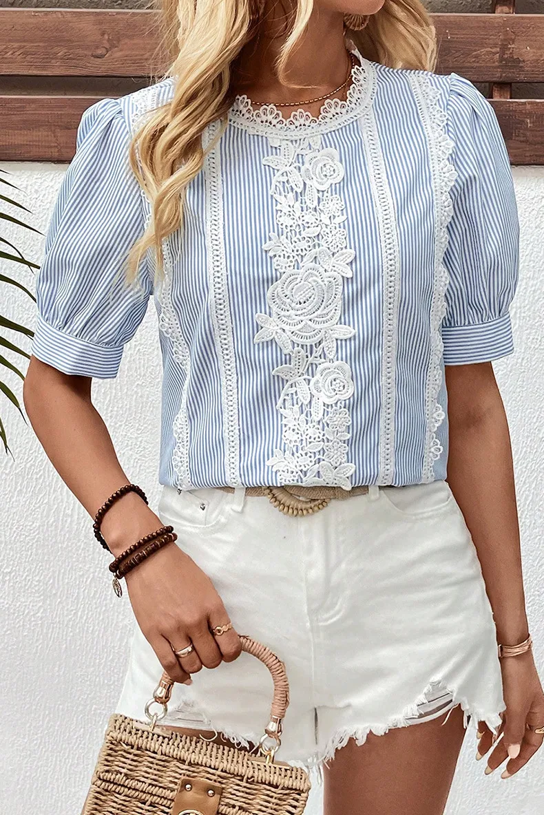 Summer 2025 Women's Lace Splice Printed Chiffon Top Five-Quarter Sleeve Round Neck Commute Style Loose Fit Casual Fashion display picture 3