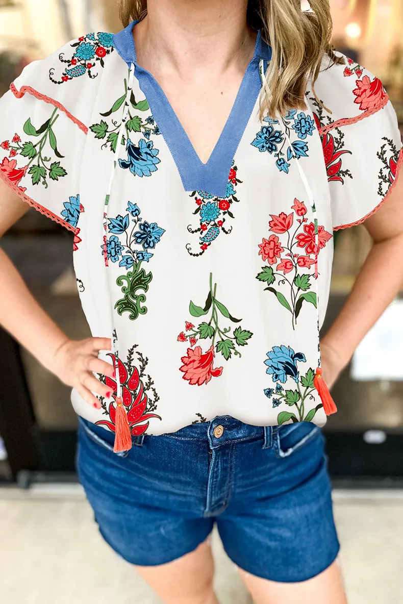 Summer New Style V-neck Chiffon Top Women's Casual Floral Print Overhead Shirt Loose Fit Three-quarter Sleeve Regular Length display picture 1