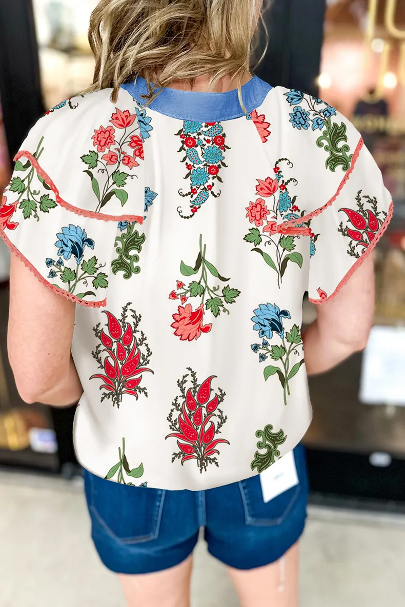 Summer New Style V-neck Chiffon Top Women's Casual Floral Print Overhead Shirt Loose Fit Three-quarter Sleeve Regular Length display picture 2
