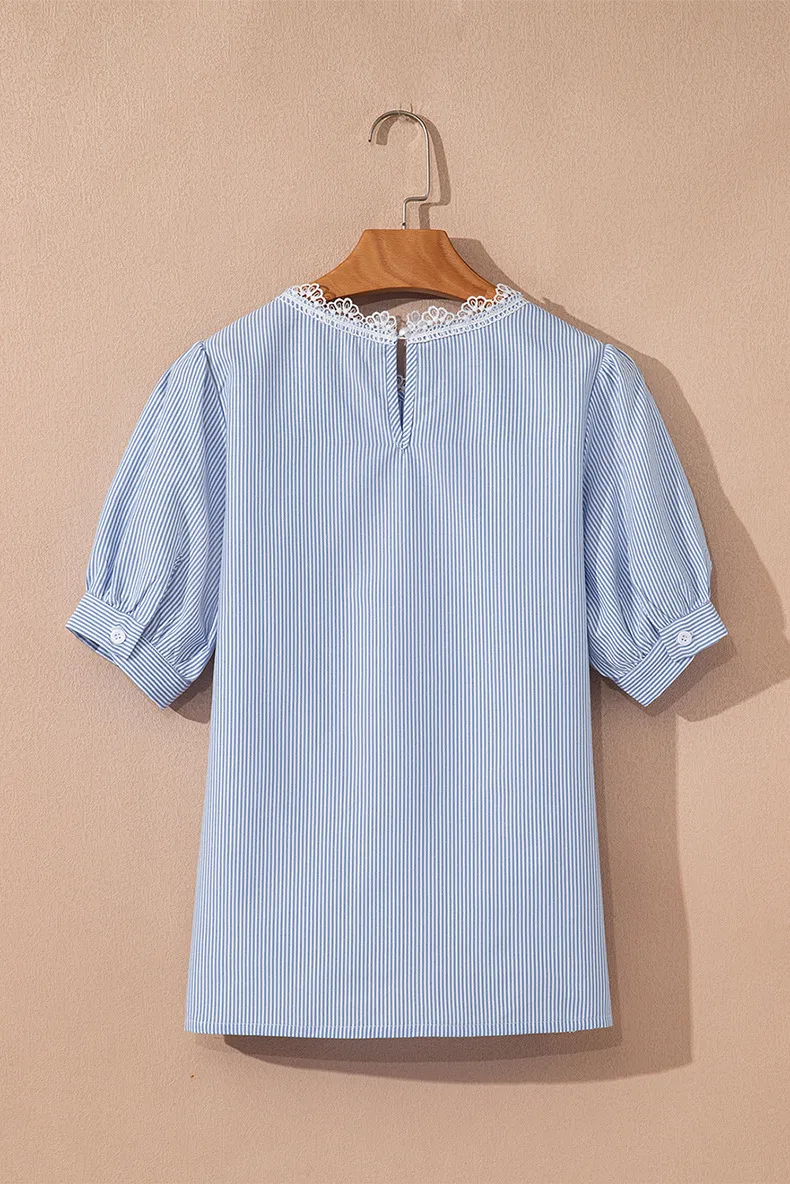 Summer 2025 Women's Lace Splice Printed Chiffon Top Five-Quarter Sleeve Round Neck Commute Style Loose Fit Casual Fashion display picture 6