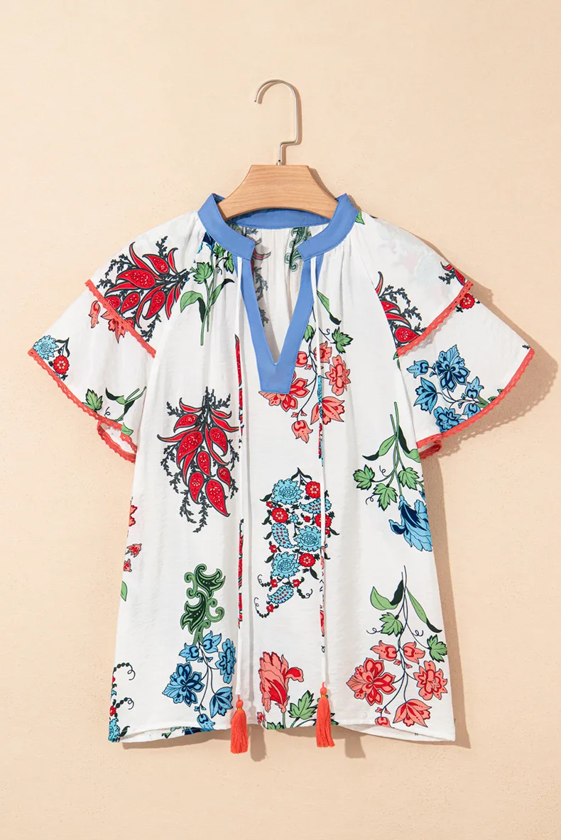 Summer New Style V-neck Chiffon Top Women's Casual Floral Print Overhead Shirt Loose Fit Three-quarter Sleeve Regular Length display picture 3
